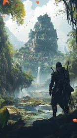 Solitary armored figure observing tiered jungle citadel.