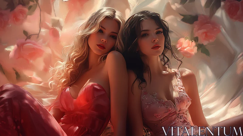 Two women in formal attire posed among floral arrangements.