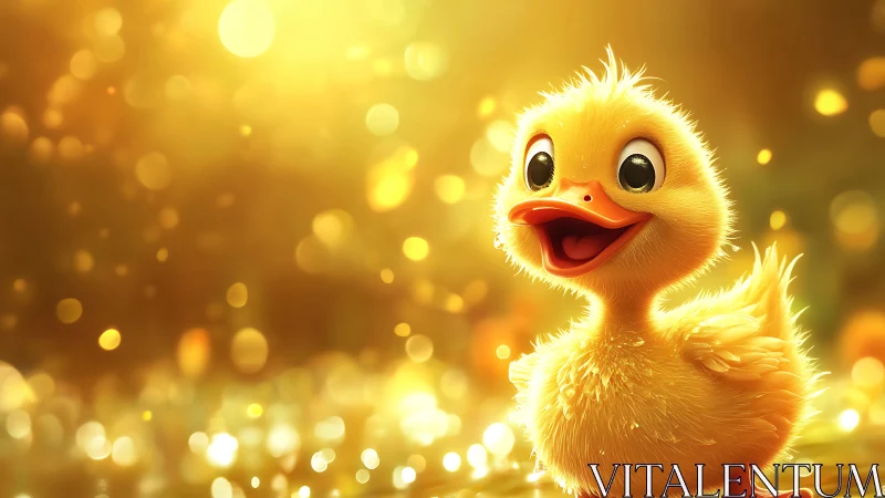 Cheerful Yellow Duckling with Golden Bokeh.