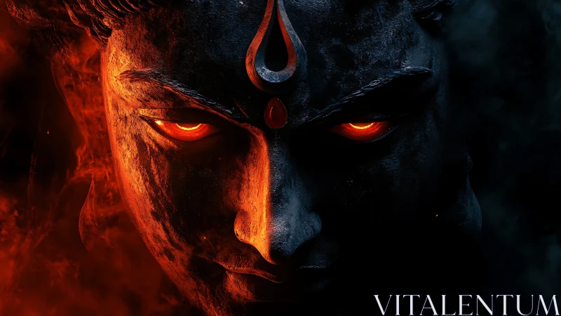 Molten-eyed stone deity mask in asymmetric red black lighting