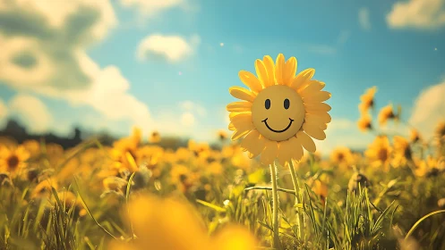 Smiling sunflower character glows in a dreamy summer meadow