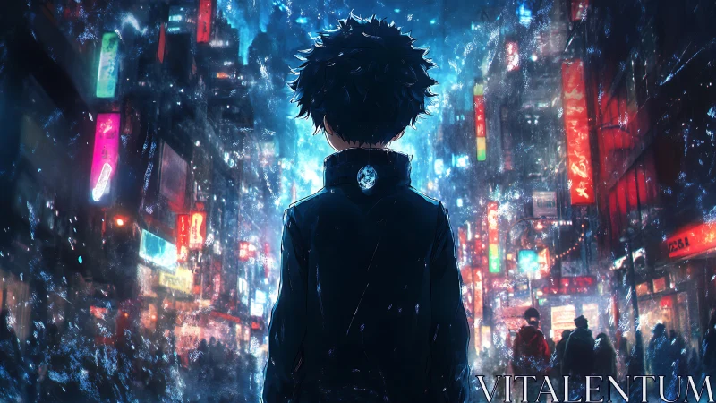 Neon soaked loner in a blizzard of electric city ghosts.