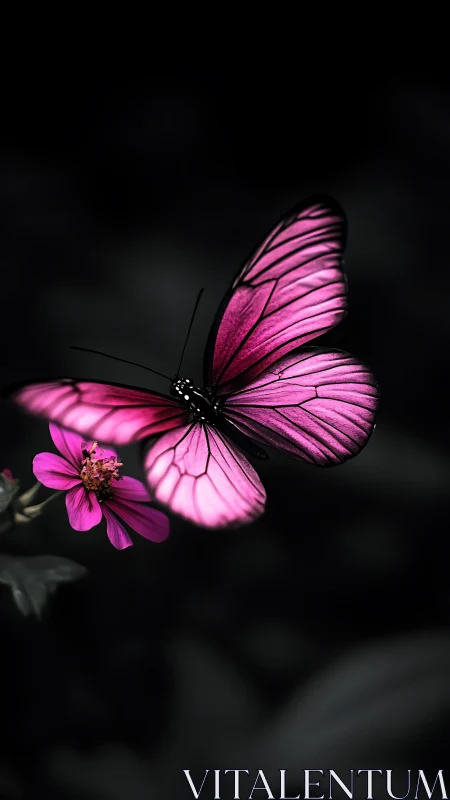Pink butterfly on flower against dark, defocused background.