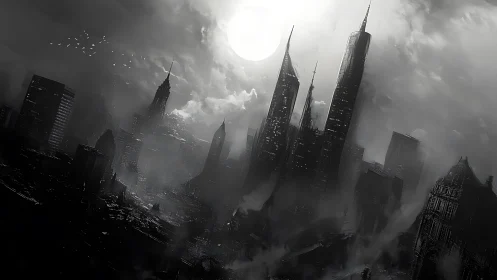 Midnight fog crowns a shattered monochrome megacity skyline.