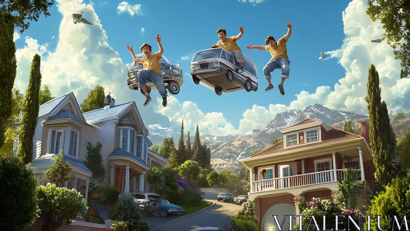 Suburban street bends under levitating vans and cloned jumper