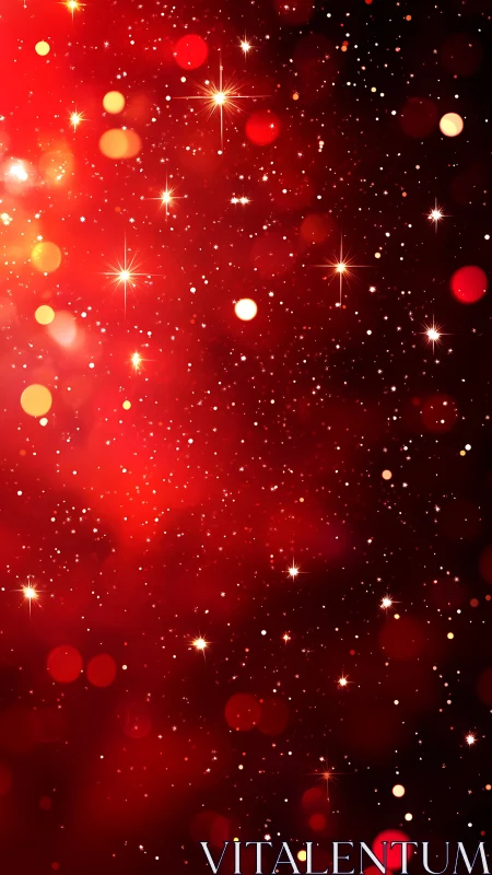 Crimson bokeh field with radiant starburst light points.