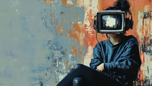 Retro CRT headset on seated figure against abstract wall