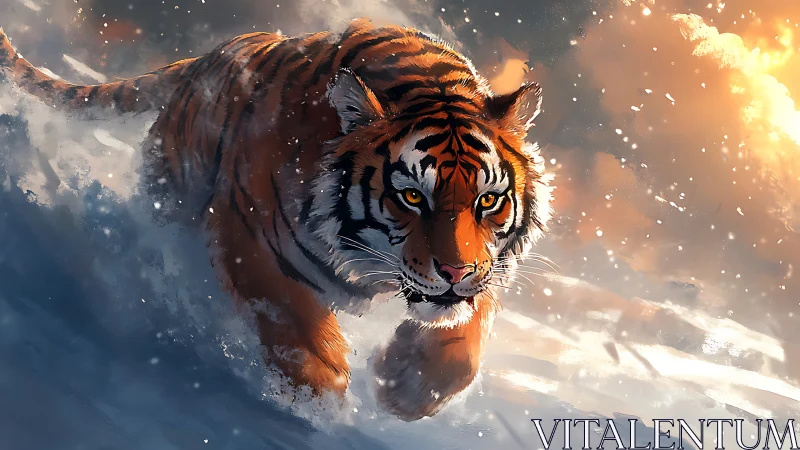 Kinetic snowfield tiger rendered in high-luminance digital pigment.