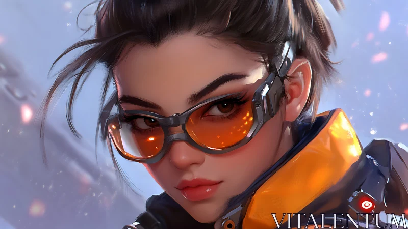 Futuristic woman in orange visor with cyberpunk details.