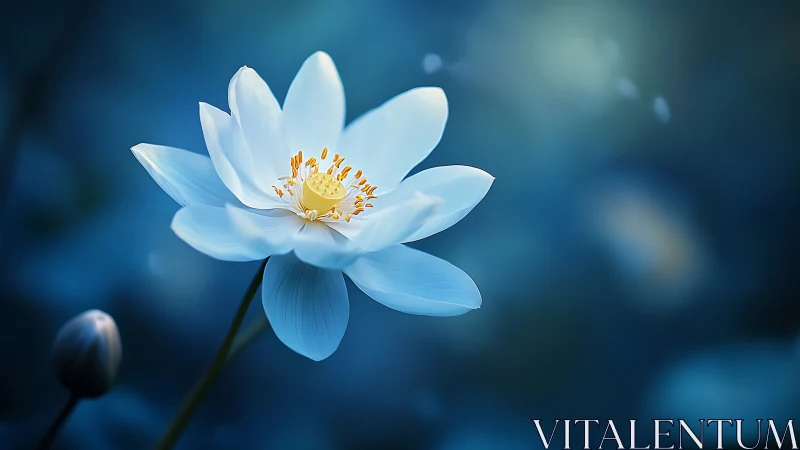 White lotus bloom with yellow center against dark blue background.