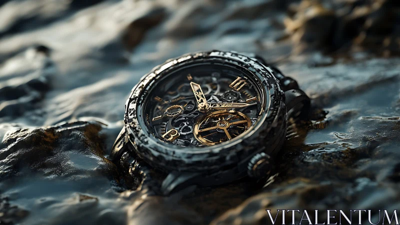 Photorealistic skeleton watch on wet rock with macro depth of field.