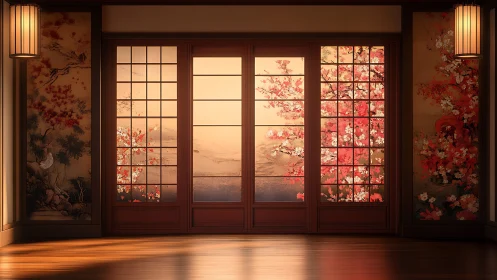 Shoji-framed sakura panorama with warm optical gradients.