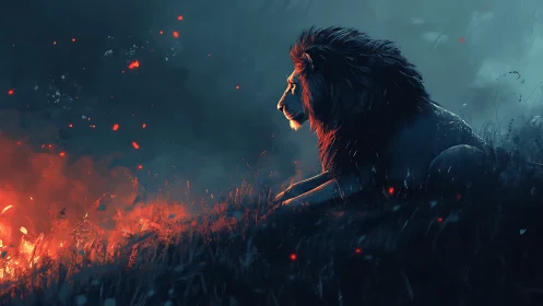 Lone lion watching wildfire embers in dark landscape.