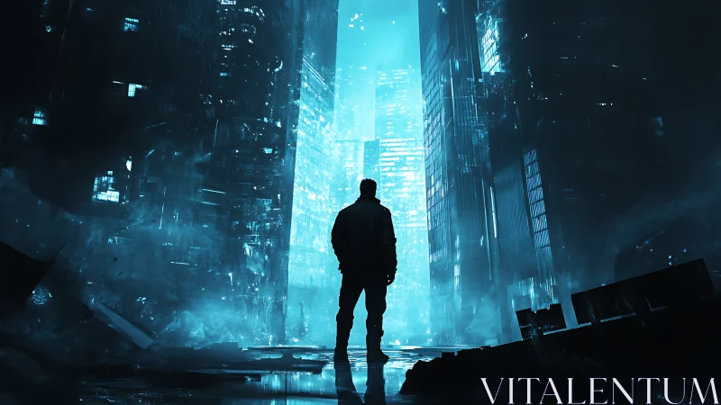 Solitary figure in neon blue dystopian alleyway skyline.