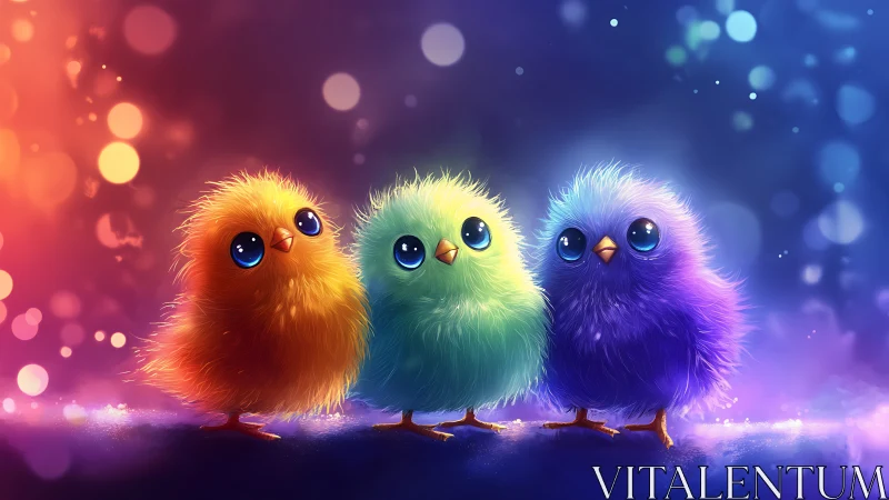 Three Adorable Fluffy Birds in Vibrant Digital Art Style.
