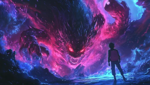 Lone teenager confronts colossal neon cosmic demon