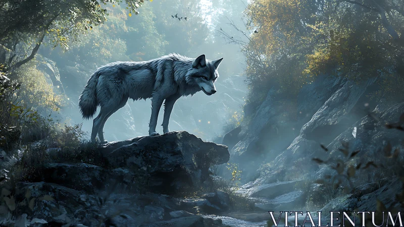 Wolf stands on rocky outcrop in misted forest environment