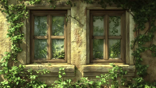 Sunlit cottage windows wrapped in gentle climbing ivy.