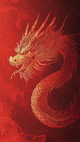 Fiery oriental dragon coils through swirling crimson smoke