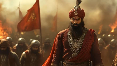 Warrior chieftain leads armored army through burning haze.