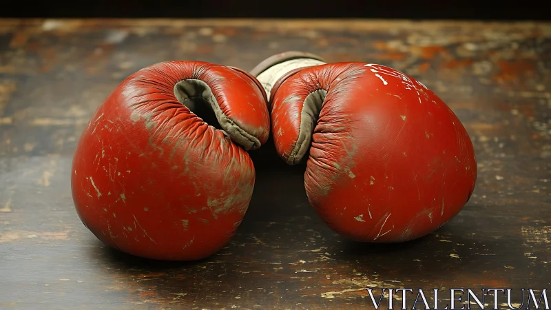 Red leather boxing gloves resting on weathered surface.