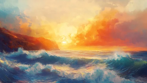 Glowing sunset surf dancing along a wild painted coastline.