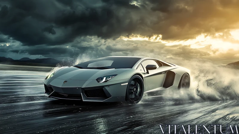 Storm-chasing supercar slices through silver rain and thunder