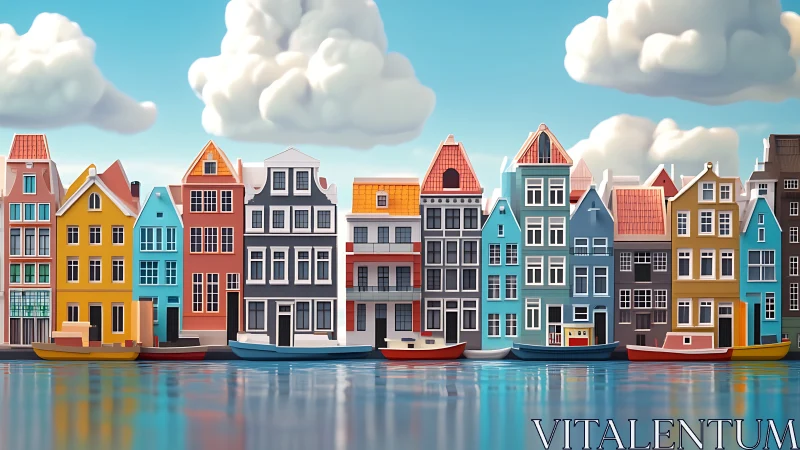 Color façades and canal boats align along reflective waterfront