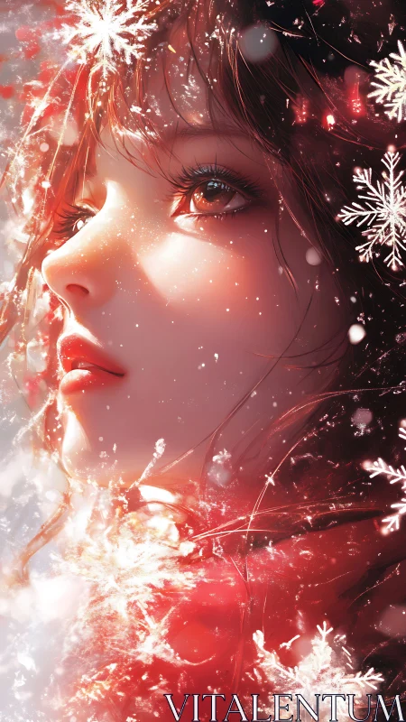 Winter dreamer gazes upward as swirling snowflakes glow