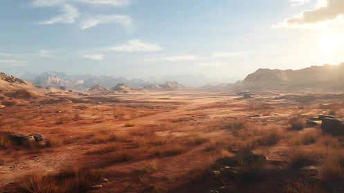 Arid martian basin with distant spacecraft and soft backlight.