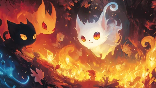 Mystical Feline Creatures in Fiery Realm with Luminous Eyes