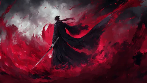 Lone swordbearer wrapped in crimson storm and shadowed fire.