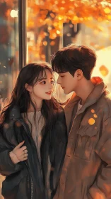 Two figures share a quiet moment beneath warm city lights.