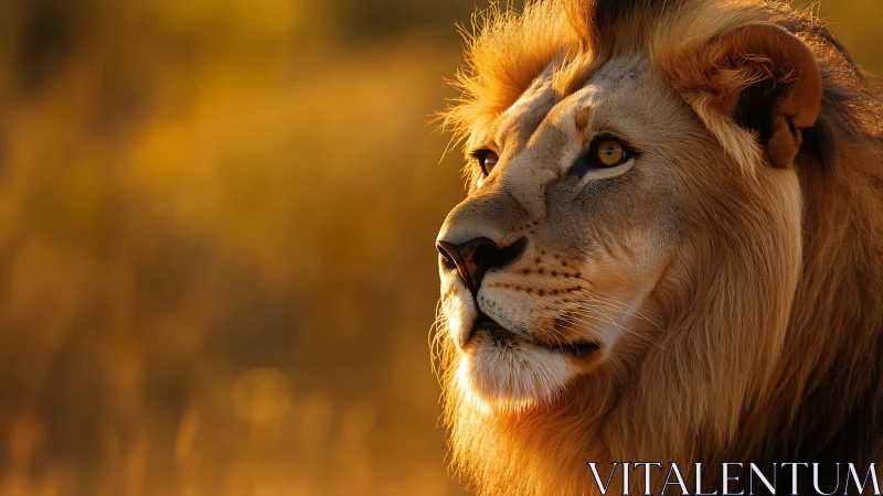 Majestic lion gazes into warm golden savanna light.