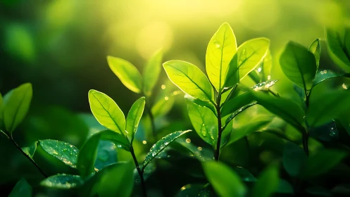 Vibrant green leaves with sunlight in nature, macro photo style.
