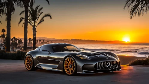 Silver sports coupe parked by palm-lined ocean sunset.