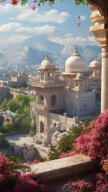 Sunlit marble palace rises above valley city and mountains