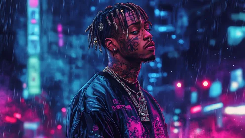 Neon-soaked city portrait of tattooed man in the rain.