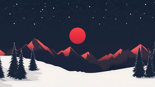 Minimalist winter range with red celestial disk and stark contrast