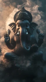 High contrast render of seated Ganesha statue in volumetric fog