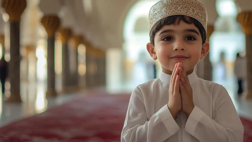 Smiling boy prays quietly inside ornate sunlit mosque interior.