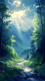 Luminous Forest Valley. Godlight Through Ancient Trees.