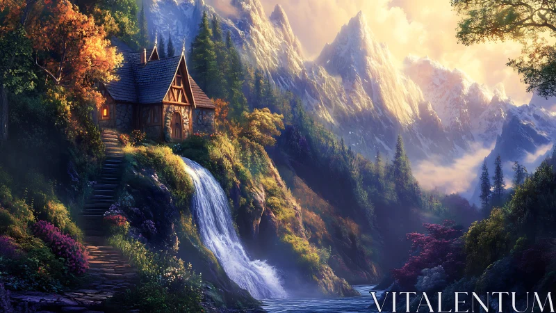 Cozy mountain cabin beside a glowing waterfall at sunset.