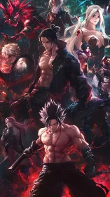 Epic anime ensemble illustrates high-intensity combat tableau