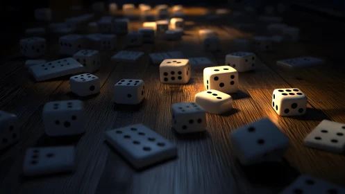 Scattered dice glow under focused light on dark wooden floor