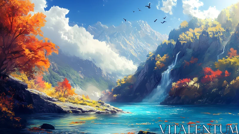 Autumn mountains frame turquoise river under crisp sky.