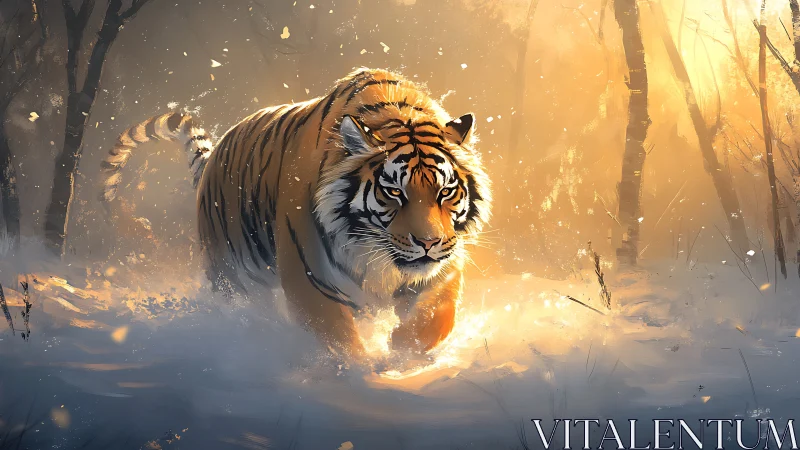 Tiger moving through winter forest with backlit snowfall.
