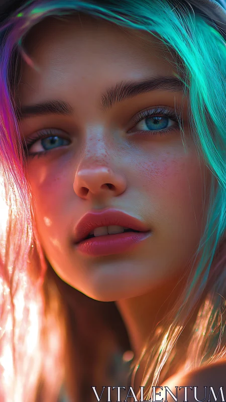 Hyperreal portrait with teal magenta rim lighting and bokeh glow