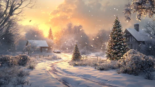 Snow covered rural cottages flank lit Christmas trees at dusk