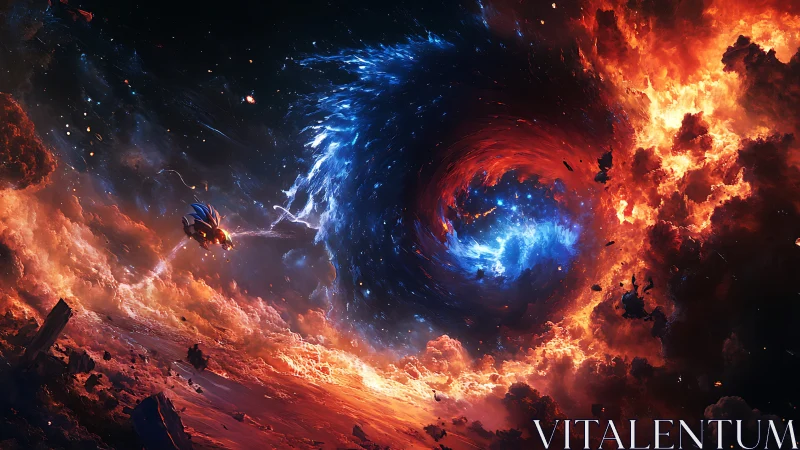 Spaceship near fiery cosmic vortex in deep outer space.